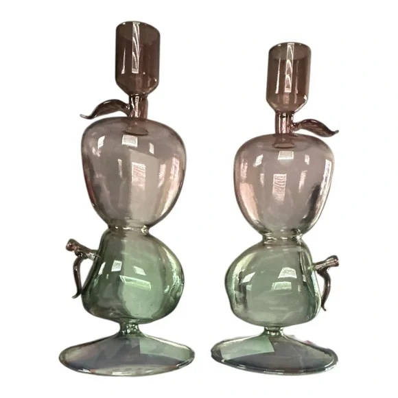 Pair Anthropologie Harvest Apples Fruit Icon Tinted Glass Candle Holders NWT - Picture 3 of 4